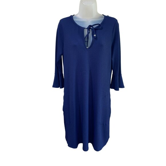 Tommy Bahama Navy Blue 3/4 Sleeve Dress W/ Flared Cuffs & Drawstring Neckline Si - Picture 3 of 11